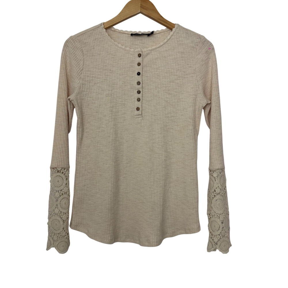 Doe & Rae Cream Ribbed Henley Top Crochet Lace Cuff Long Sleeve Women M Boho